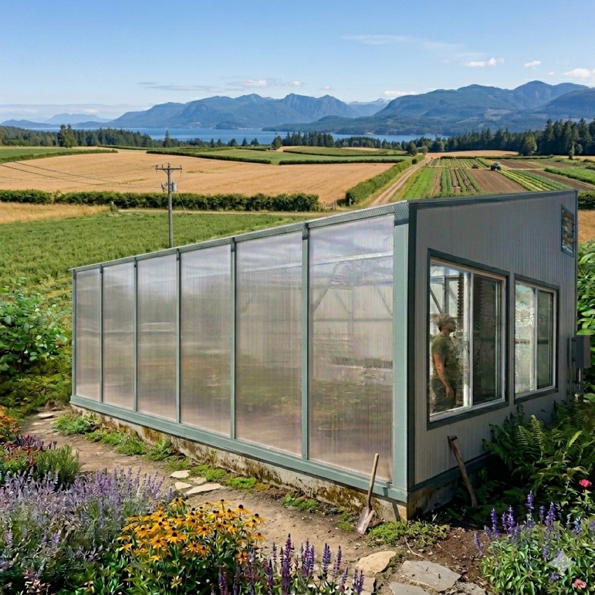 Swell passive solar greenhouse — shed roof, polycarbonate south wall, metal-clad insulated north wall, green wood frame, Vancouver Island setting